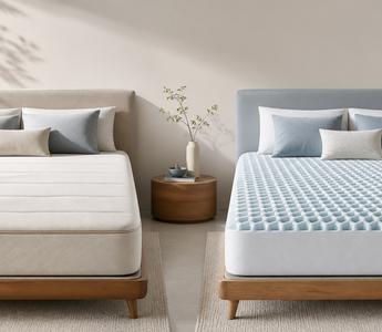 Foam and responsive comfort surfaces compared in a bright showroom