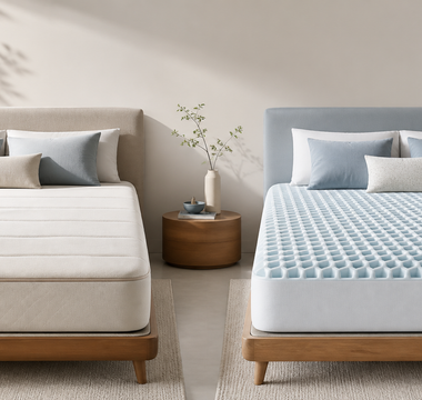 Foam and responsive comfort surfaces compared in a bright showroom