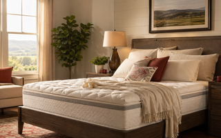 Comfortable bedroom with soft morning light and neatly made mattress