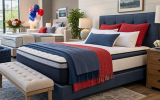 Patriotic showroom bed styled for a Memorial Day mattress sale