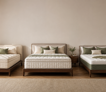 Three luxury mattresses compared in a warm showroom bedroom