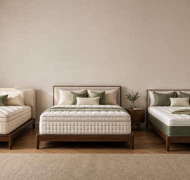 Three luxury mattresses compared in a warm showroom bedroom