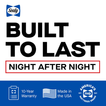Brand badge graphic for the Sealy Posturepedic® Elite Albany II reading 'Built to Last Night After Night' with the 10-Year Warranty seal, Made in the USA flag mark, and Sealy America's Mattress Brand Est. 1881 seal