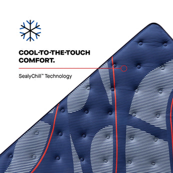 Top-down close-up view of the Sealy Posturepedic® Elite Albany 14-inch Firm Mattress surface, highlighting the quilted texture with SealyChill™ Technology, designed to offer cool-to-the-touch comfort. The mattress features a stylish blue fabric accented with dynamic white patterns and vibrant red lines.