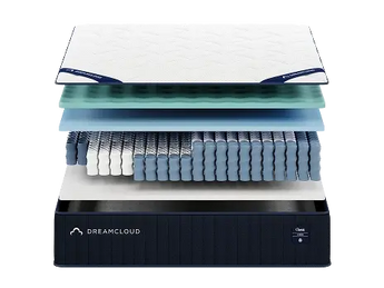 DreamCloud Premier Hybrid construction layers — cashmere euro top over gel memory foam, transition foam, individually wrapped coils, and a stabilizing base