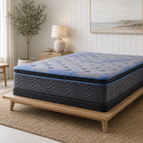 Jamison Chandler Euro Pillowtop mattress on light oak bed in calm bedroom, Mattress Overstock Kentucky