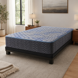 Jamison Chandler Firm mattress on black platform in bright neutral bedroom, Mattress Overstock Kentucky