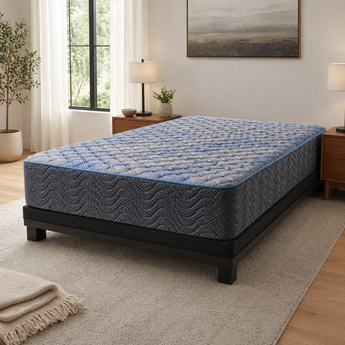 Jamison Chandler Firm mattress on black platform in bright neutral bedroom, Mattress Overstock Kentucky