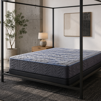 Jamison Chandler Firm mattress on black canopy bed in modern bedroom, Mattress Overstock Kentucky