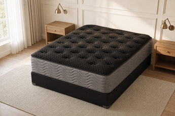 Jamison Clarion Plush mattress in a styled bedroom, top view of the quilted sleep surface