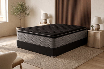 Jamison Clarion Ultra Plush Pillowtop mattress in a styled bedroom, styled bedroom angle