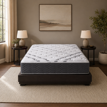 Jamison Grandview Firm 2-Sided mattress on black base in warm bedroom, Mattress Overstock Kentucky