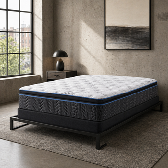 Jamison Hudson Bay Cooling Pillowtop mattress on black frame, Mattress Overstock Kentucky