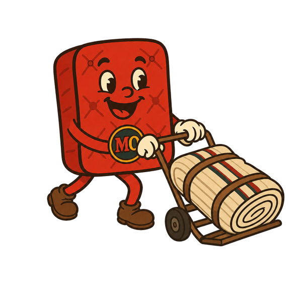MO, the Mattress Overstock mascot, pushing a delivery dolly