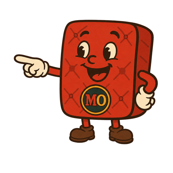 MO, the Mattress Overstock mascot, pointing toward the sleep quiz