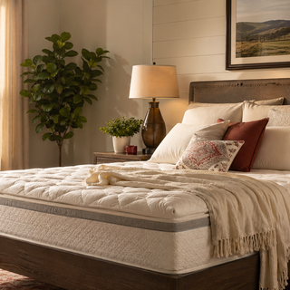 Comfortable bedroom with soft morning light and neatly made mattress