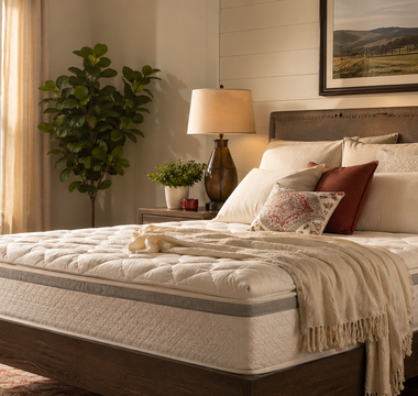 Comfortable bedroom with soft morning light and neatly made mattress