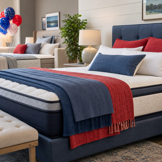 Patriotic showroom bed styled for a Memorial Day mattress sale