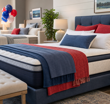 Patriotic showroom bed styled for a Memorial Day mattress sale
