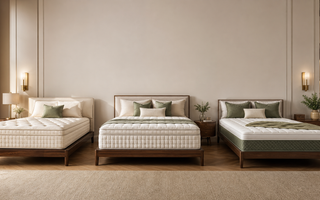 Three luxury mattresses compared in a warm showroom bedroom