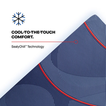 Close-up of the Sealy Posturepedic® Elite Albany II cover with the headline 'Cool-to-the-Touch Comfort — SealyChill Technology'