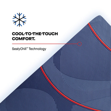 Close-up of the Sealy Posturepedic® Elite Albany II cover with the headline 'Cool-to-the-Touch Comfort — SealyChill Technology'