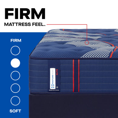 Close-up of the Sealy Posturepedic® Elite Albany 14-inch Firm Mattress, highlighting the firm comfort level on a scale from firm to soft. The mattress has a quilted blue surface with red and white stitching accents, clearly showing the detailed texture and branding label