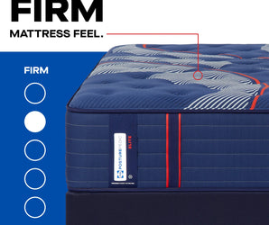 Close-up of the Sealy Posturepedic® Elite Albany 14-inch Firm Mattress, highlighting the firm comfort level on a scale from firm to soft. The mattress has a quilted blue surface with red and white stitching accents, clearly showing the detailed texture and branding label