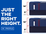Side-by-side comparison showcasing the Sealy Posturepedic® Elite Albany 14-inch Firm Mattress paired with a 5-inch low profile foundation and a 9-inch high profile foundation, illustrating customizable height options with the text Just the Right Height.