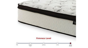 Sierra Sleep Chime 12 Inch Hybrid Mattress, quilted top closeup with firmness scale
