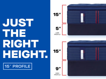 Product dimension graphic for Sealy Posturepedic Elite Albany mattress with "JUST THE RIGHT HEIGHT" headline on blue background. Shows two mattress configurations: top image displays "15″" mattress with "5″ LOW PROFILE" foundation (20″ total), while bottom shows same "15″" mattress with "9″ HIGH PROFILE" foundation (24″ total). Red measurement lines highlight dimensions. Features the "15″ PROFILE" label and Posturepedic Elite branding on mattress sides.