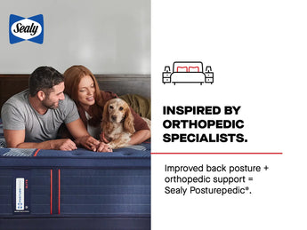 Sealy advertisement showing a couple lying with their golden cocker spaniel on a blue Posturepedic Elite mattress. The image highlights the brand's orthopedic focus with text reading "INSPIRED BY ORTHOPEDIC SPECIALISTS." Additional copy states "Improved back posture + orthopedic support = Sealy Posturepedic®." The Sealy logo appears in the top left, and a simple line drawing of a bed with nightstands is shown on the right. The navy blue mattress with red accent lines and Posturepedic Elite branding is promi