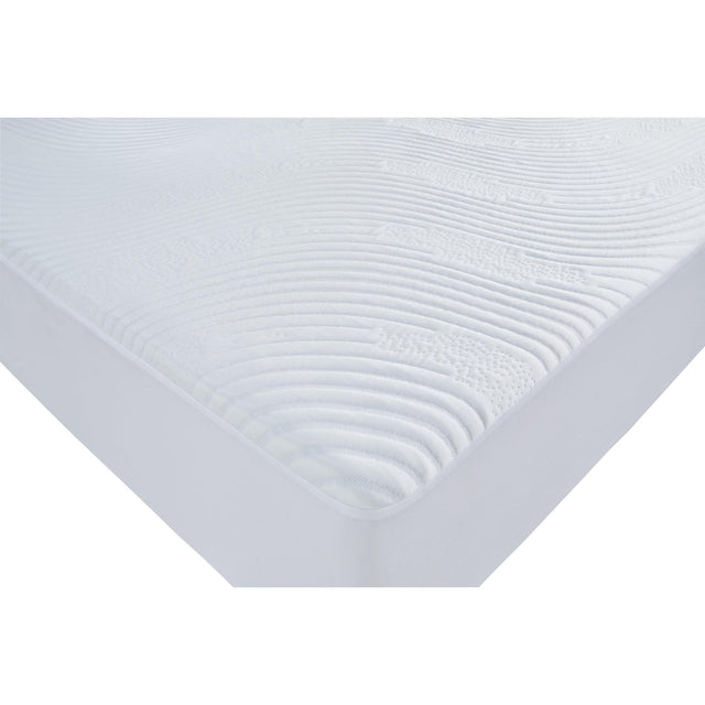 Corner of a mattress wearing the Sierra Sleep Extra Cooling protector, its smooth skirt down the side