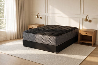 Jamison Clarion Plush mattress in a styled bedroom, styled bedroom angle