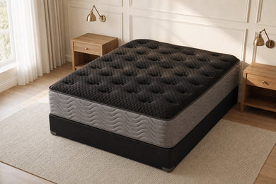 Jamison Clarion Plush mattress in a styled bedroom, top view of the quilted sleep surface
