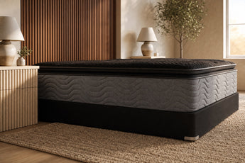 Jamison Clarion Ultra Plush Pillowtop mattress in a styled bedroom, side profile showing the mattress height