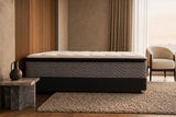 Jamison Easton Pillowtop mattress in a styled bedroom, side profile showing the mattress height