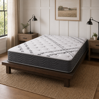 Jamison Grandview Firm 2-Sided mattress on wood bed in farmhouse bedroom, Mattress Overstock Kentucky