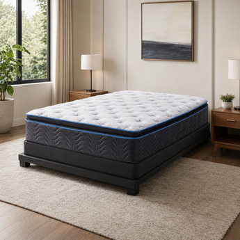 Jamison Hudson Bay Cooling Pillowtop mattress on low black bed, Mattress Overstock Kentucky