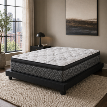 Jamison Park Meadow 12 Pillow Top mattress on black platform, Mattress Overstock Kentucky