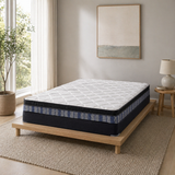 Jamison Wellington 8 Pillowtop mattress on low wood bed in bright bedroom, Mattress Overstock Kentucky