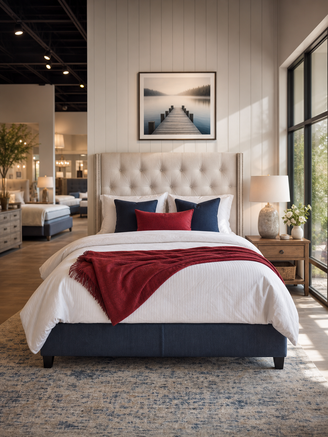 Mattress Overstock showroom bed display with layered bedding and natural light