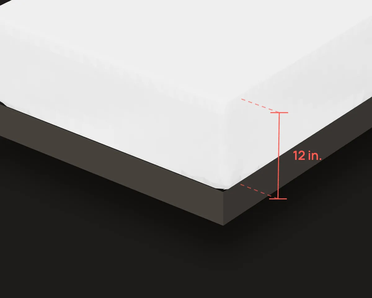A fitted sheet tucked under the corner of a 12 inch mattress
