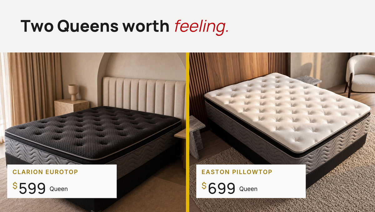 Clarion Eurotop Queen $599 and Easton Pillowtop Queen $699 at Mattress Overstock.