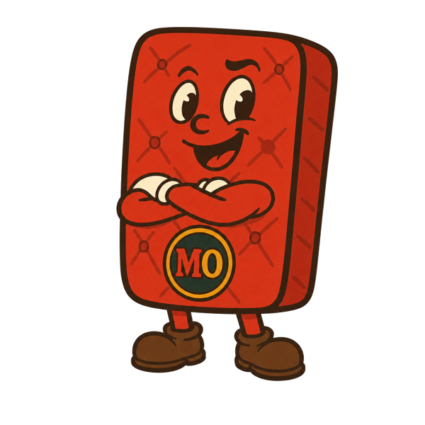 MO, the Mattress Overstock mascot, arms crossed and confident