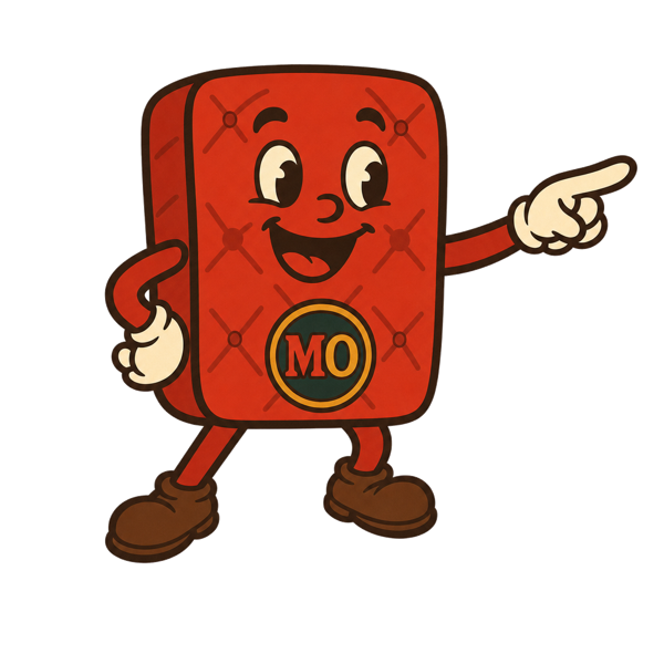 MO, the Mattress Overstock mascot, pointing the way