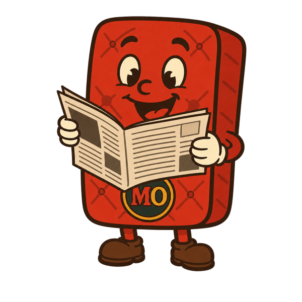 MO, the Mattress Overstock mascot, reading the paper