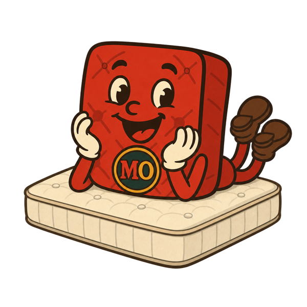 MO, the Mattress Overstock mascot, testing a mattress